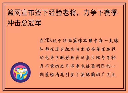 篮网宣布签下经验老将，力争下赛季冲击总冠军